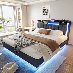 Blossom Paris Lit capitonné 160x200 avec LED et prise USB, tête avec rangement, lit flottant jeunesse/adulte, tissu lin, gris