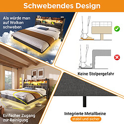 Acheter Blossom Paris Lit capitonné 180x200 cm lit flottant avec LED, tête avec station de charge (1 Type-C, 3 USB), double moderne avec tête rangement et lattes, lin, gris