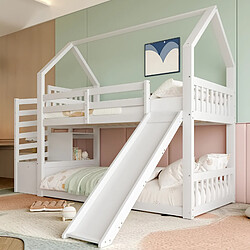 Blossom Paris Lit superposé avec escalier de rangement et toboggan, lit maison, lit enfant avec barrière, adapté aux enfants, adolescents, 90x200cm, blanc