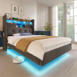 Blossom Paris Lit capitonné 90x200 cm lit flottant avec LED, tête avec station de charge (1 Type-C, 3 USB), moderne avec tête rangement et lattes, lin, gris
