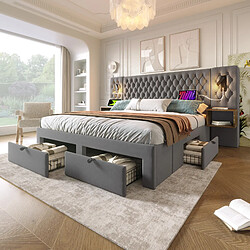Blossom Paris Ensemble chambre complet, lit capitonné double 180×200 cm avec 2 tables de chevet et 4 tiroirs, tête avec lumière de lecture et USB, gris, velours
