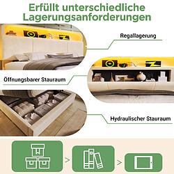Blossom Paris Lit capitonné double 140x190 cm avec tête rangement réglable en hauteur, lit hydraulique avec LED et USB/Type-C, velours, beige, lattes pas cher
