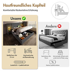 Acheter Blossom Paris Lit capitonné double 180×200 avec table de chevet, lampe de lecture et USB Type-C, ensemble lit avec rangement, cadre avec lattes bois et métal, gris, lin