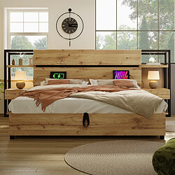 Avis STILVORA Lit coffre 180×200 cm en MDF et métal, tête de lit avec niches, tiroirs et charge USB/Type-C, coloris chêne