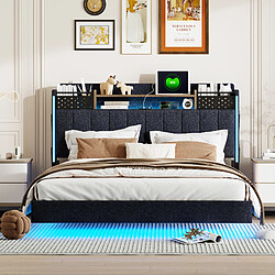 Blossom Paris Lit capitonné 140x200 avec LED et prise USB, tête avec rangement, lit flottant jeunesse/adulte, tissu lin, gris pas cher