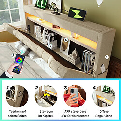 Acheter Blossom Paris Lit capitonné double 160x200cm, tête avec rangement, ports USB et Type-C, LED tête et pied, rangement hydraulique, beige, lin