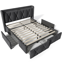 Acheter STILVORA Lit rembourré en lin gris avec tiroirs, prises & USB – couchage 140×200 cm