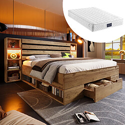 Blossom Paris Lit en bois massif double 160×200, ensemble avec rangement, LED et tête avec USB C et tiroirs, cadre avec lattes bois, chêne