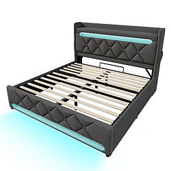 Acheter STILVORA Lit rembourré 180×200 cm en lin gris, LED 360° et tête de lit avec USB/Type-C, coffre hydraulique