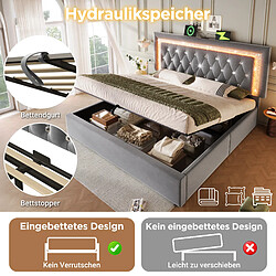 Avis Blossom Paris Lit capitonné double 160x200 cm velours avec bande LED diamant tête, USB et Type-C, coffre hydraulique, jeunesse avec rangement, gris