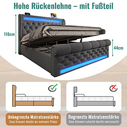 Acheter Blossom Paris Lit capitonné moderne double 140x200cm, LED, tête avec rangement et USB/Type-C, lit hydraulique avec rangement, gris, velours