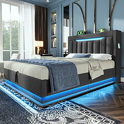 Blossom Paris Lit capitonné simple 90x200cm, tête avec rangement, ports USB et Type-C, LED tête et pied, rangement hydraulique, gris, lin