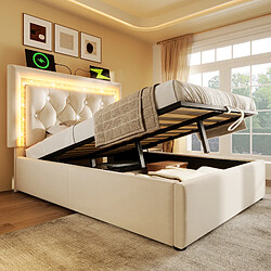 Avis Blossom Paris Lit capitonné 90x200 cm velours simple avec bande LED diamant tête, USB/Type-C, rangement hydraulique, beige