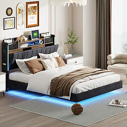 Acheter Blossom Paris Lit capitonné 140x200 avec LED et prise USB, tête avec rangement, lit flottant jeunesse/adulte, tissu lin, gris