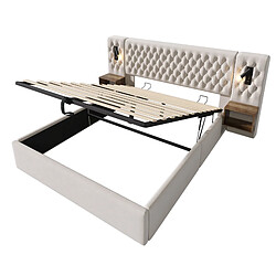 Acheter STILVORA Lit coffre hydraulique velours beige 160×200 cm avec 2 chevets, liseuses et ports USB/Type-C