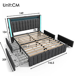 Acheter Blossom Paris Lit capitonné USB-C LED et 4 tiroirs, jeunesse 140x200cm double avec rangement, cadre lattes bois, gris (avec matelas)
