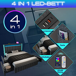 Blossom Paris Lit capitonné USB-C LED et 4 tiroirs, jeunesse 140x200cm double avec rangement, cadre lattes bois, gris (avec matelas) pas cher