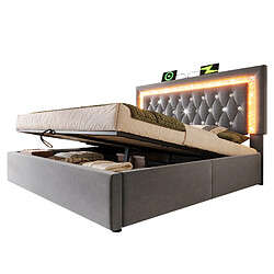 Blossom Paris Lit capitonné double 160x200 cm velours avec bande LED diamant tête, USB et Type-C, coffre hydraulique, jeunesse avec rangement, gris pas cher