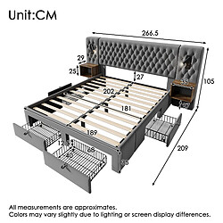 Blossom Paris Ensemble chambre complet, lit capitonné double 180×200 cm avec 2 tables de chevet et 4 tiroirs, tête avec lumière de lecture et USB, gris, velours