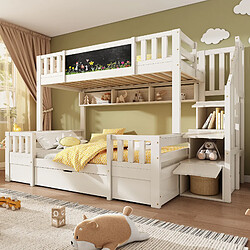 Acheter Blossom Paris Lit superposé pour 3 enfants 90x200 & 140x200 en bois massif avec tableau noir, escalier rangement, tiroirs