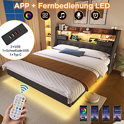 Avis Blossom Paris Lit capitonné 180x200 cm lit flottant avec LED, tête avec station de charge (1 Type-C, 3 USB), double moderne avec tête rangement et lattes, lin, gris