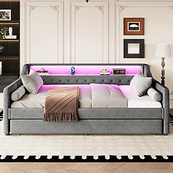 Blossom Paris Daybed, 90 x 200cm, canapé-lit, lit de jour avec lattes, avec LED, lit avec lit escamotable, port de charge USB, lin, gris pas cher
