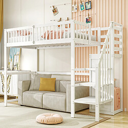 Blossom Paris Lit superposé 90x200 avec escalier, lit enfant blanc en bois avec étagère de rangement, simple armoire