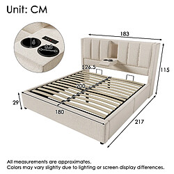 Blossom Paris Lit capitonné 180x200 cm double avec porte-gobelet caché et station de charge, lit hydraulique avec rangement sous le lit, lattes, lin beige