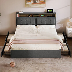 Avis STILVORA Lit rembourré avec tiroirs et station de charge 160×200 cm, tête de lit réglable, revêtement lin gris