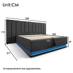 Blossom Paris Lit capitonné 180×200, double avec rangement, App Control LED et USB-C, cadre avec lattes, lin, gris, sans matelas ni table de nuit