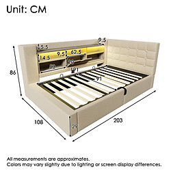 Blossom Paris Lit capitonné 90x190 cm simple avec LED, rangement hydraulique, tête de lit en L avec rangement, lin beige