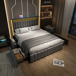 Avis Blossom Paris Lit capitonné USB-C LED et 4 tiroirs, jeunesse 140x200cm double avec rangement, cadre lattes bois, gris (avec matelas)