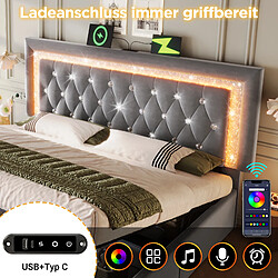Acheter Blossom Paris Lit capitonné double 160x200 cm velours avec bande LED diamant tête, USB et Type-C, coffre hydraulique, jeunesse avec rangement, gris