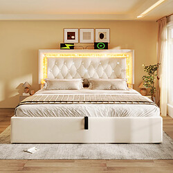 Avis Blossom Paris Lit capitonné double 160x200 cm velours avec bande LED diamant tête, USB et Type-C, coffre hydraulique, jeunesse avec rangement, beige