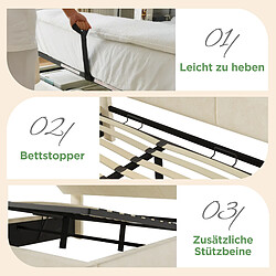 Avis Blossom Paris Lit capitonné double 140x190 cm avec tête rangement réglable en hauteur, lit hydraulique avec LED et USB/Type-C, velours, beige, lattes