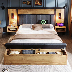 Avis Blossom Paris Lit capitonné double 180×200, ensemble avec lampe de lecture, table de chevet USB C et banc avec rangement, cadre avec lattes métal et bois, chêne