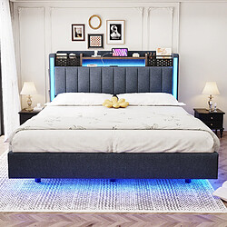 Avis Blossom Paris Lit capitonné 140x200 avec LED et prise USB, tête avec rangement, lit flottant jeunesse/adulte, tissu lin, gris