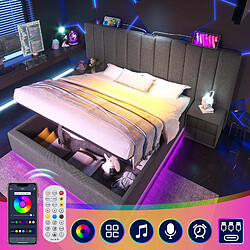 Blossom Paris Lit capitonné 180×200, double avec rangement, App Control LED et USB-C, cadre avec lattes, lin, gris, sans matelas ni table de nuit