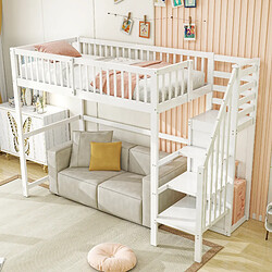 Blossom Paris Lit superposé 90x200 avec escalier, lit enfant blanc en bois avec étagère de rangement, simple armoire