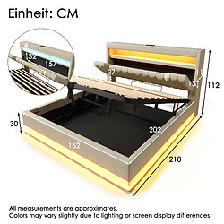 Blossom Paris Lit capitonné double 160x200cm, tête avec rangement, ports USB et Type-C, LED tête et pied, rangement hydraulique, beige, lin