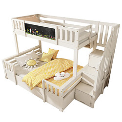 Avis Blossom Paris Lit superposé pour 3 enfants 90x200 & 140x200 en bois massif avec tableau noir, escalier rangement, tiroirs
