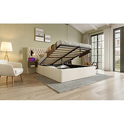 Avis STILVORA Lit coffre hydraulique velours beige 160×200 cm avec 2 chevets, liseuses et ports USB/Type-C