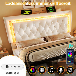 Blossom Paris Lit capitonné double 160x200 cm velours avec bande LED diamant tête, USB et Type-C, coffre hydraulique, jeunesse avec rangement, beige pas cher