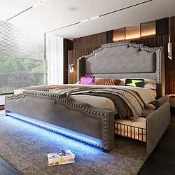 Blossom Paris Lit capitonné 180×200, lit double avec 4 tiroirs, LED et USB-C, lit avec rangement et lattes, velours, gris