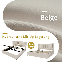 Blossom Paris Lit capitonné 160x200 cm double avec porte-gobelet caché et station de charge, lit hydraulique avec rangement sous le lit, lattes, lin beige pas cher