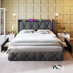 Avis STILVORA Lit rembourré en lin gris avec tiroirs, prises & USB – couchage 140×200 cm
