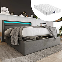 Blossom Paris Lit hydraulique avec rangement et bande LED, double cadre lit capitonné 160x200cm, lit fonctionnel, gris