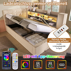 Avis Blossom Paris Lit capitonné 90x200 cm simple avec LED, rangement hydraulique, tête de lit en L avec rangement, lin beige