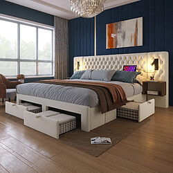 Avis STILVORA Lit rembourré vintage en velvet beige 160×200 cm avec 2 chevets, 4 tiroirs, liseuses et USB/Type C