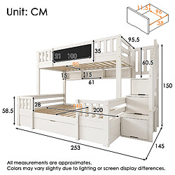 Blossom Paris Lit superposé pour 3 enfants 90x200 & 140x200 en bois massif avec tableau noir, escalier rangement, tiroirs